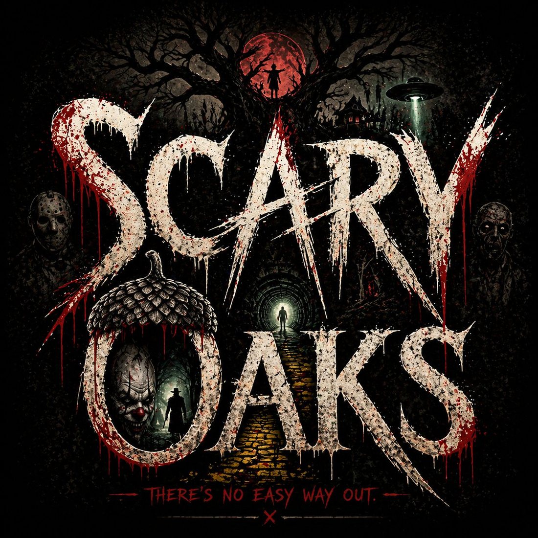 Scary Oaks &mdash; bloodied acorn-skull key art