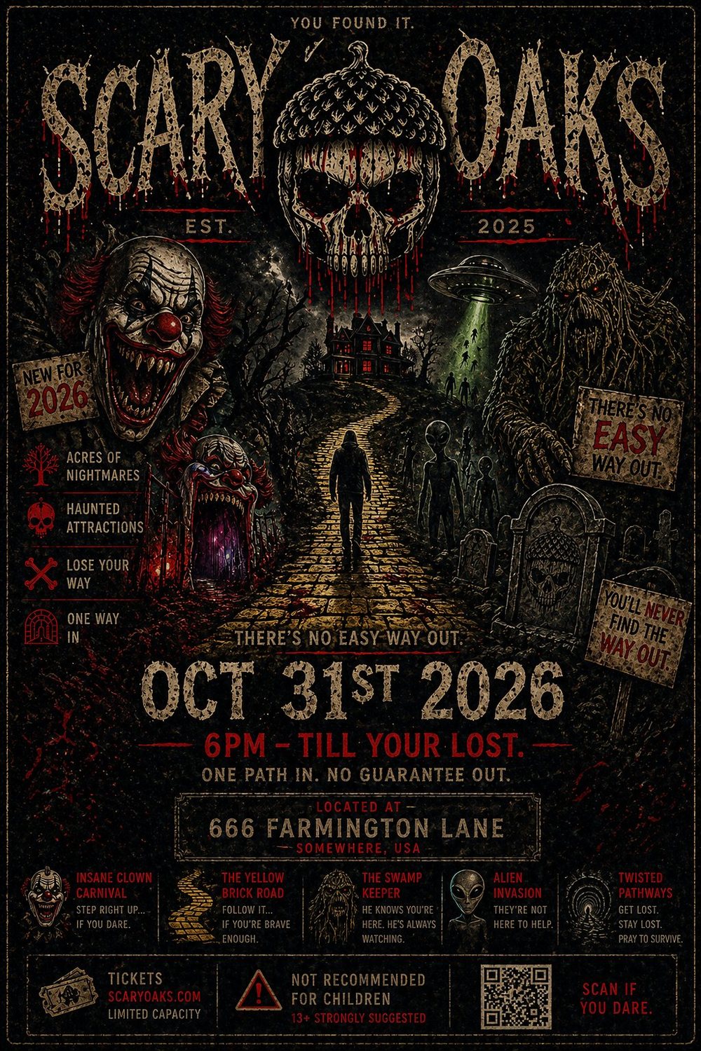 Scary Oaks 2026 event poster &mdash; October 31, There&rsquo;s no easy way out.